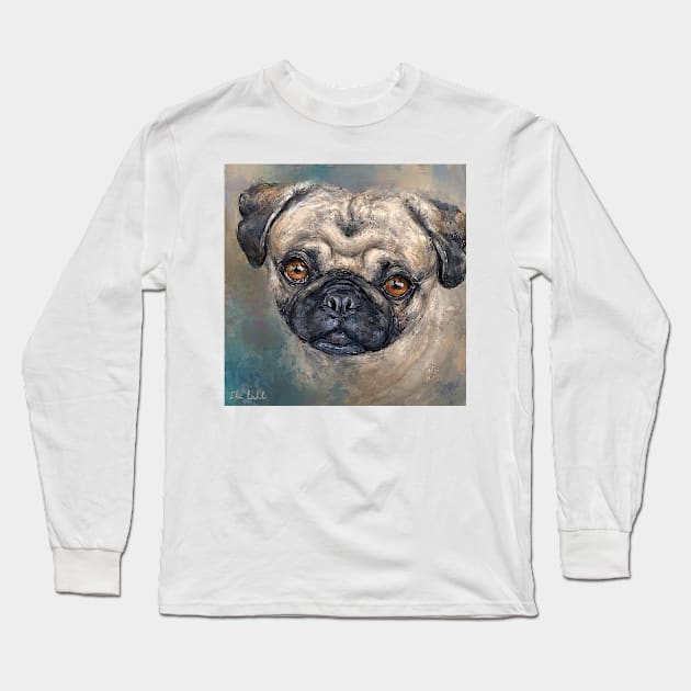 Contemporary Painting of a Gorgeous Pug in Blue Beige Background Long Sleeve T-Shirt by ibadishi
